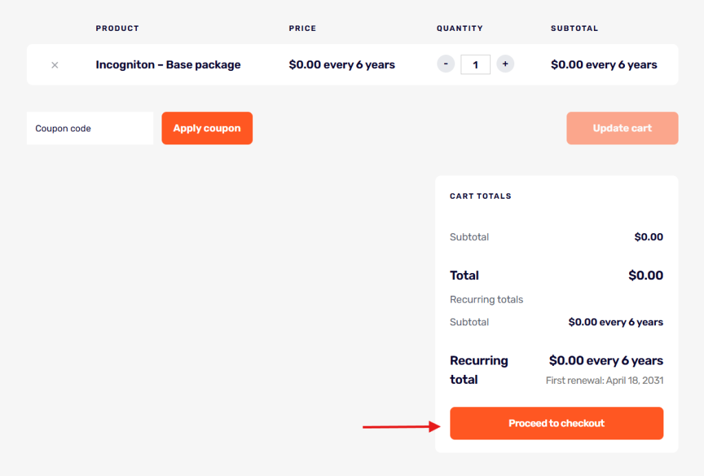 cart with price of package