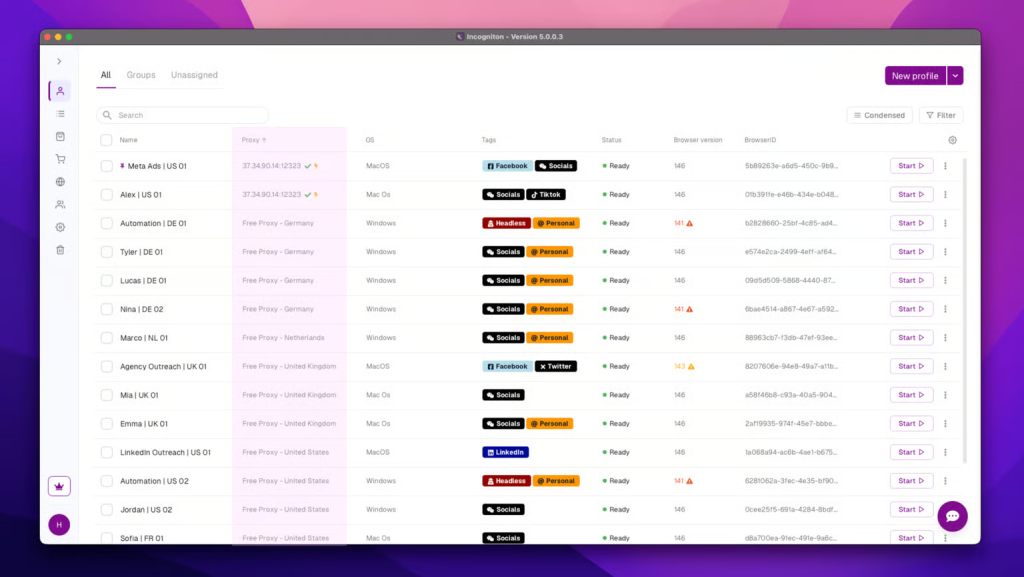 Incogniton application interface showing a list of browser profiles with columns for Name, Proxy, OS, Tags, Status, Browser version, and Browser ID.