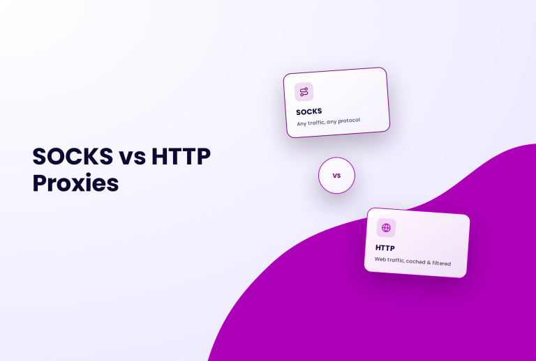 SOCKS vs HTTP Proxies with cards describing SOCKS as "Any traffic, any protocol" and HTTP as "Web traffic, cached & filtered".
