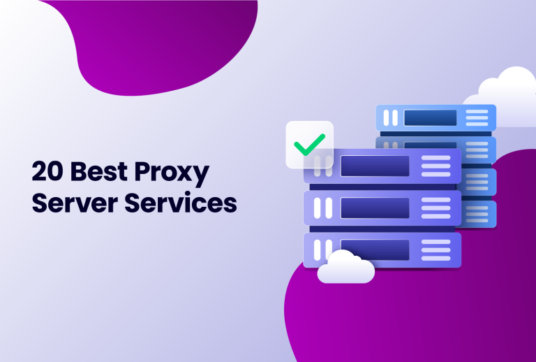 20 best proxy server services with icons of servers on a grey background with purple elements