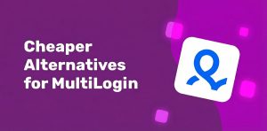 Text on a purple background reads Cheaper Alternatives for MultiLogin next to a white square with the Incogniton blue abstract logo inside. Pink glowing squares are scattered on the background.