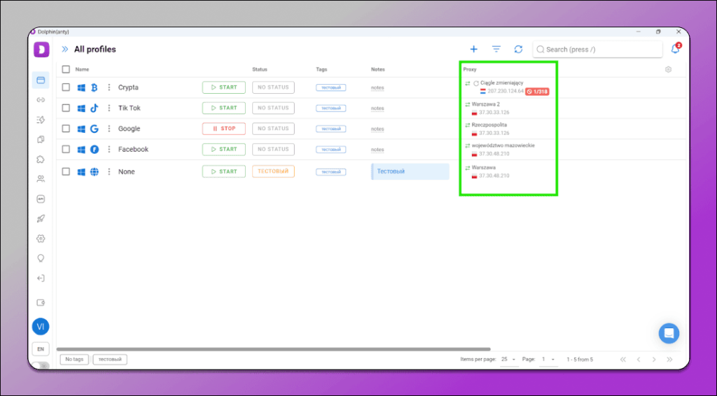 Incogniton application displaying a list of browser profiles with their status, tags, notes, and proxy information.
