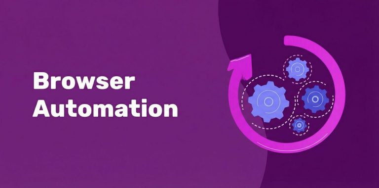 Browser Automation text with gears and a circular arrow graphic on a purple background