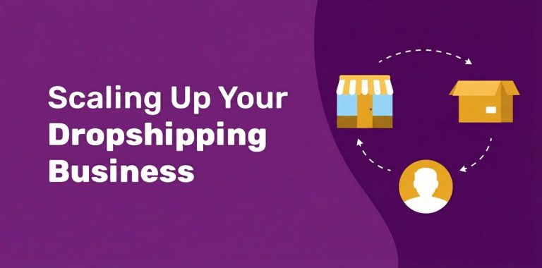 Scaling Up Your Dropshipping Business with icons of a store, a package, and a person connected by dashed arrows.