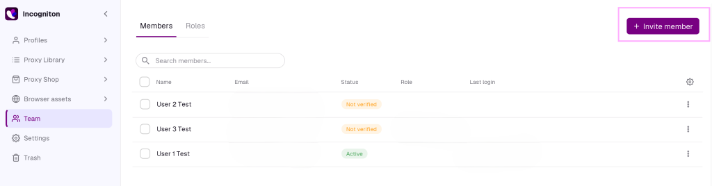 Incogniton application interface showing