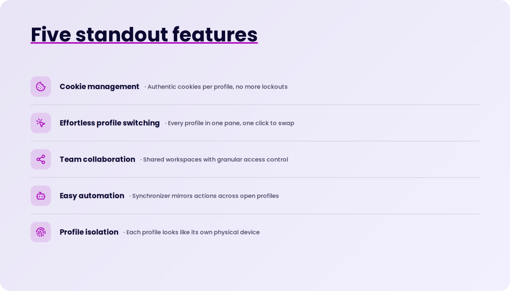 Cinque funzionalità di spicco: gestione dei cookie, passaggio semplice tra i profili, collaborazione in team, automazione facile e isolamento dei profili