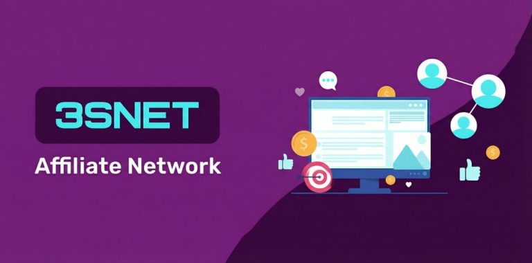 3SNET Affiliate Network logo with an illustration of a computer screen displaying content, social media icons, coins, and a target with an arrow.