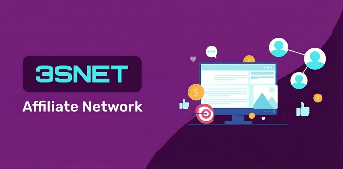 3SNET Affiliate Network logo with an illustration of a computer screen displaying content, social media icons, coins, and a target with an arrow.