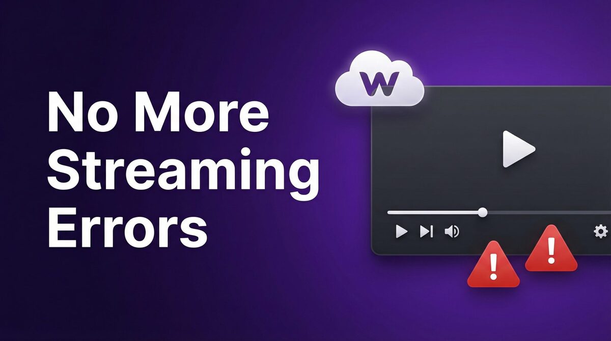 A graphic with the text No More Streaming Errors next to a cloud icon and Incogniton video player interface, on a purple background.