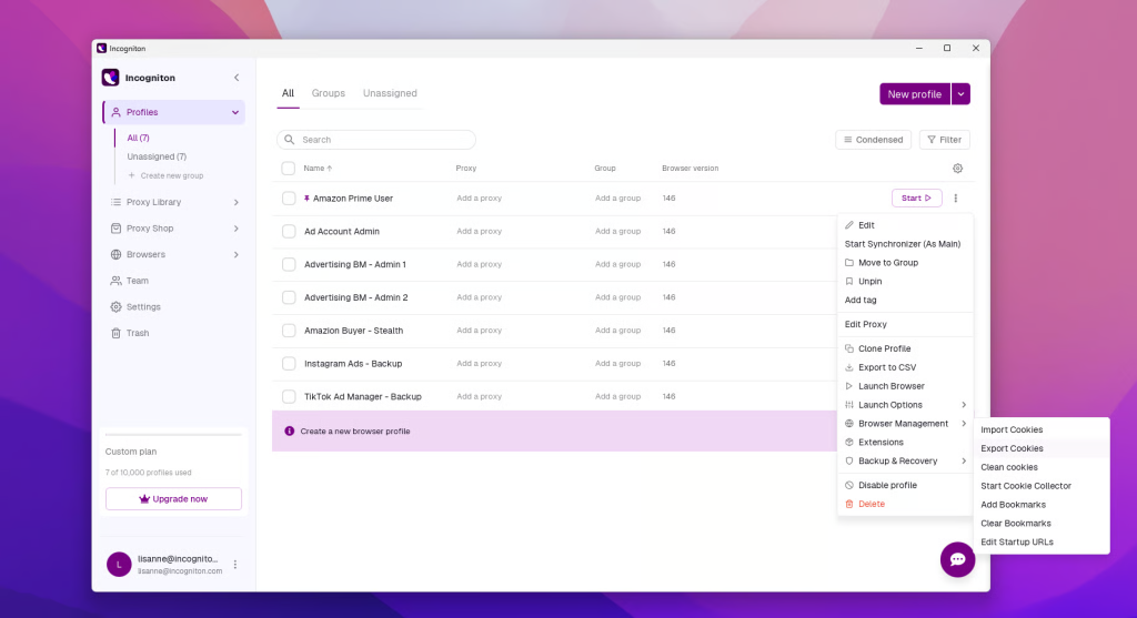 Incogniton application showing a list of browser profiles with options to edit, clone, export, launch, and manage browser settings.