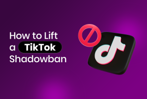 How to Lift a TikTok Shadowban on a purple background. The TikTok logo is crossed out with a prohibition symbol.