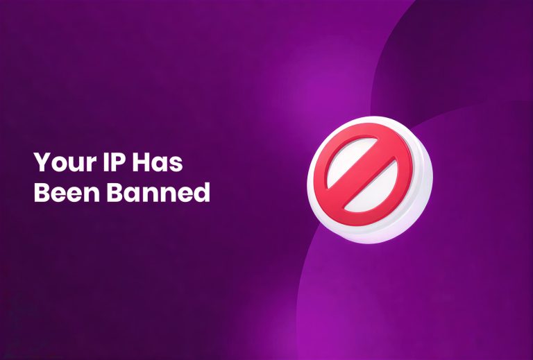 A purple background with the text Your IP Has Been Banned on the left and a red prohibition symbol inside a white circle on the right in Incogniton.