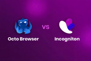 A graphic with a purple background shows the Octo Browser logo and name on the left, Incogniton logo and name on the right, separated by "vs" in the center.