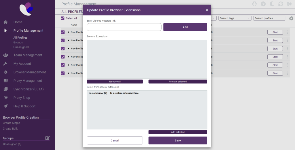 adding custom extension to multiple profiles