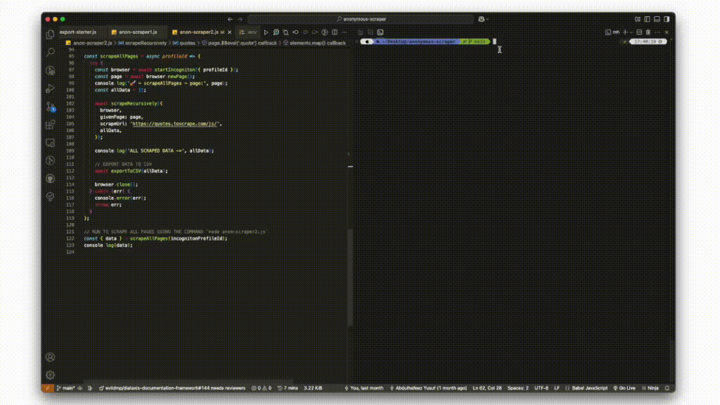 A computer screen displays code in a dark-themed editor. The code is JavaScript, with lines numbered from 94 to 124. The file name "anon-scraper2.js" is visible in a tab at the top of the editor. A terminal window is open to the right, showing a command prompt with the path "/Desktop/anonymous-scraper".