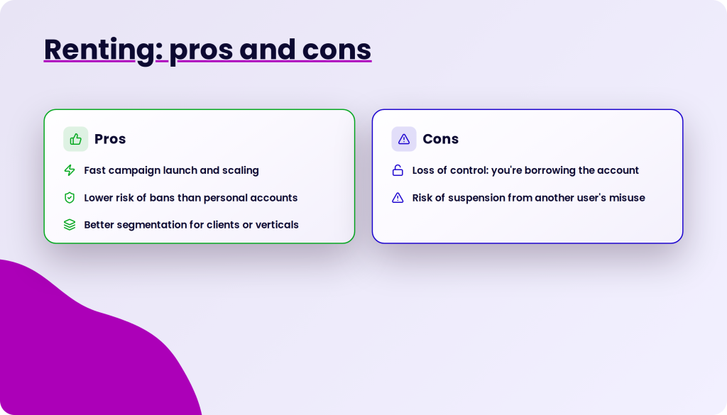 Renting: pros and cons, with a section for pros listing fast campaign launch and scaling, lower risk of bans than personal accounts, and better segmentation for clients or verticals, and a section for cons listing loss of control and risk of suspension from another user's misuse.