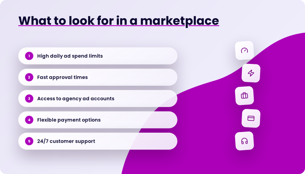 What to look for in a marketplace list with icons for speed, power, travel, payment, and support