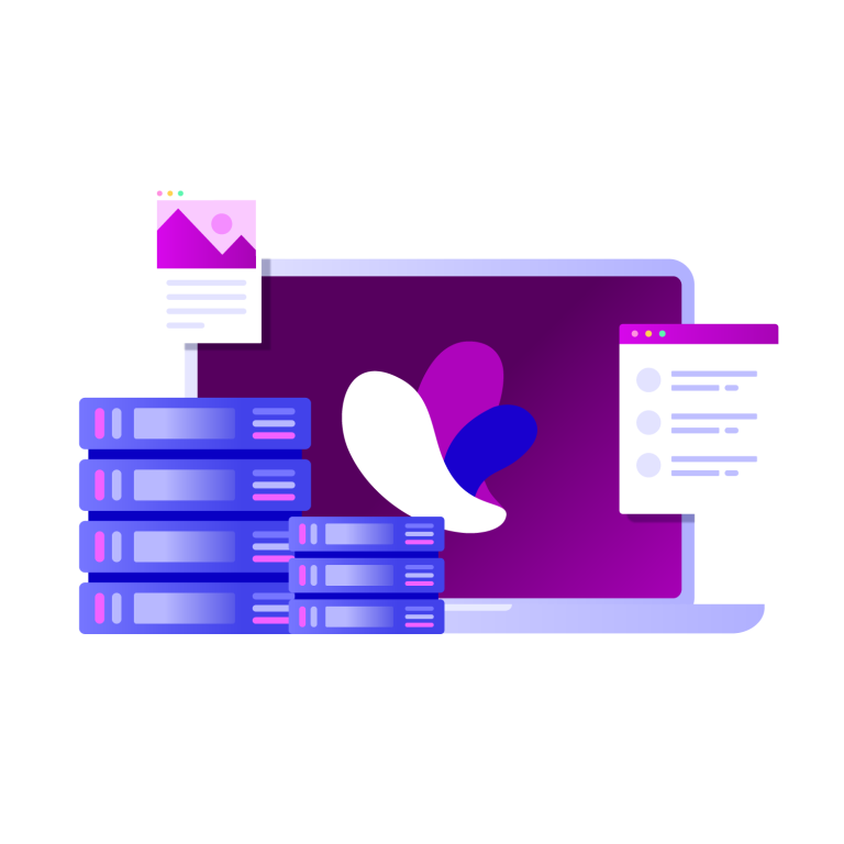 Illustration of a laptop with a purple screen, surrounded by stacked blue server disks and two floating Incogniton windows, representing data storage or cloud computing.