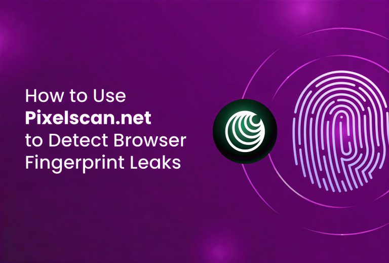 White text on a purple background reads, How to Use Pixelscan.net to Detect Browser Fingerprint Leaks in Incogniton. Next to the text are a fingerprint graphic and a circular icon with a swirl pattern.