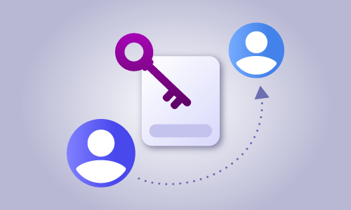 Illustration of a key over a document between two person icons, with a dotted arrow connecting them, symbolizing sharing access in Incogniton.