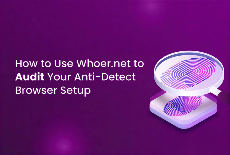 Text on a purple background reads How to Use Whoer.net to Audit Your Incogniton Browser Setup, next to an illustration of a magnifying glass examining a fingerprint.