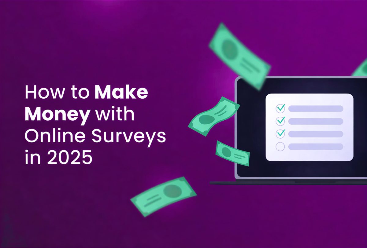 A laptop with an Incogniton survey checklist on its screen, surrounded by floating dollar bills on a purple background. Text: How to Make Money with Online Surveys in 2025.