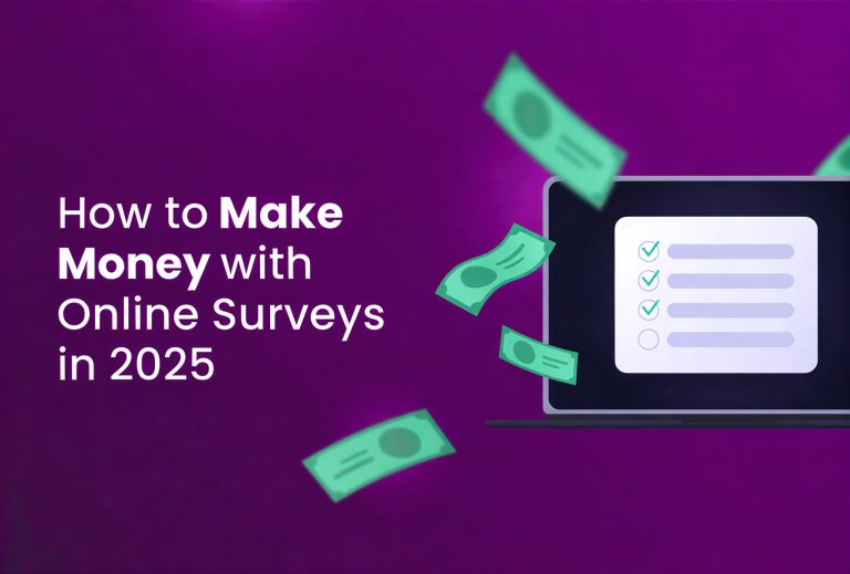 A laptop with an Incogniton survey checklist on its screen, surrounded by floating dollar bills on a purple background. Text: How to Make Money with Online Surveys in 2025.
