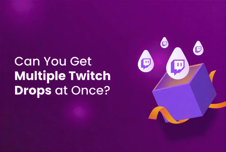 A purple background with text that reads Can you get multiple Twitch Drops at once? next to a purple gift box, floating Twitch icons, and a yellow ribbon.