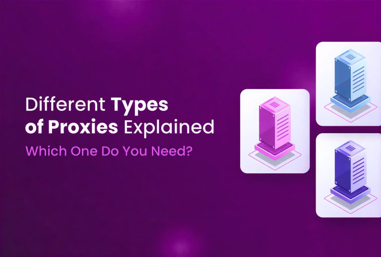 Text on a purple background reads Different Types of Proxies Explained. Which One Do You Need? Next to the text are three illustrated server icons in varying shades of purple and blue, representing Incogniton.