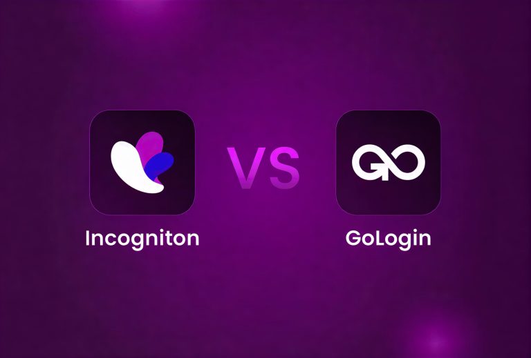 A purple background with two app icons: Incogniton (left, white abstract logo) and GoLogin (right, white infinity symbol), "VS" between.