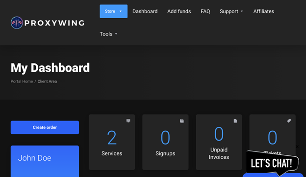 screenshot of proxywing dashboard