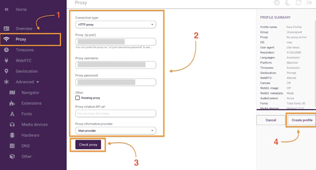 screenshot of Incogniton dashboard adding a proxy in proxy management
