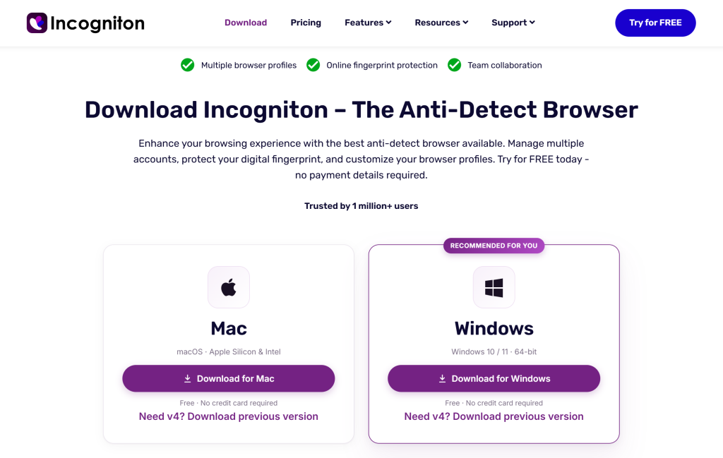 Incogniton download page with options for Mac and Windows operating systems.