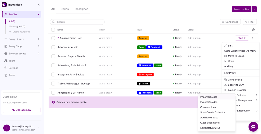 Incogniton browser interface showing a list of profiles with names, proxy status, tags, and options to edit, clone, or export.