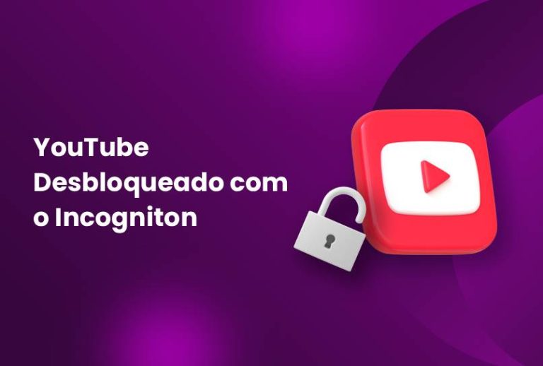 3D YouTube play button icon with an unlocked padlock beside it on a purple background. Text in Portuguese: YouTube Desbloqueado com o Incogniton.