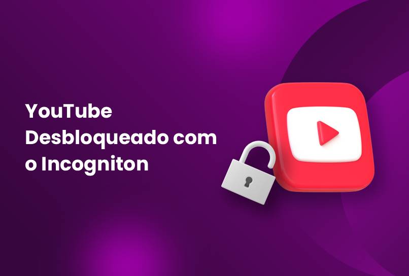 3D YouTube play button icon with an unlocked padlock beside it on a purple background. Text in Portuguese: YouTube Desbloqueado com o Incogniton.
