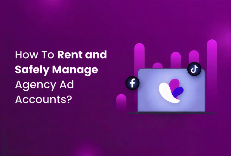 A purple graphic shows a laptop with the Incogniton logo on its screen, Facebook and TikTok icons, and bar chart elements. Text reads: How To Rent and Safely Manage Agency Ad Accounts?.