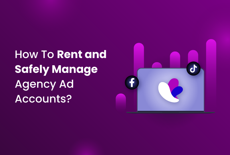 Purple graphic with the text “How To Rent and Safely Manage Agency Ad Accounts?” next to a laptop showing the Incogniton logo, with Facebook and TikTok icons above it and abstract bar shapes in the background.