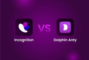 A purple background with two app icons: Incogniton on the left, Dolphin Anty on the right, and "VS" in the center between them.