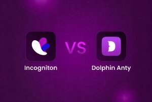 A purple background with the Incogniton logo and name on the left, a VS in the center, and the Dolphin Anty logo and name on the right.