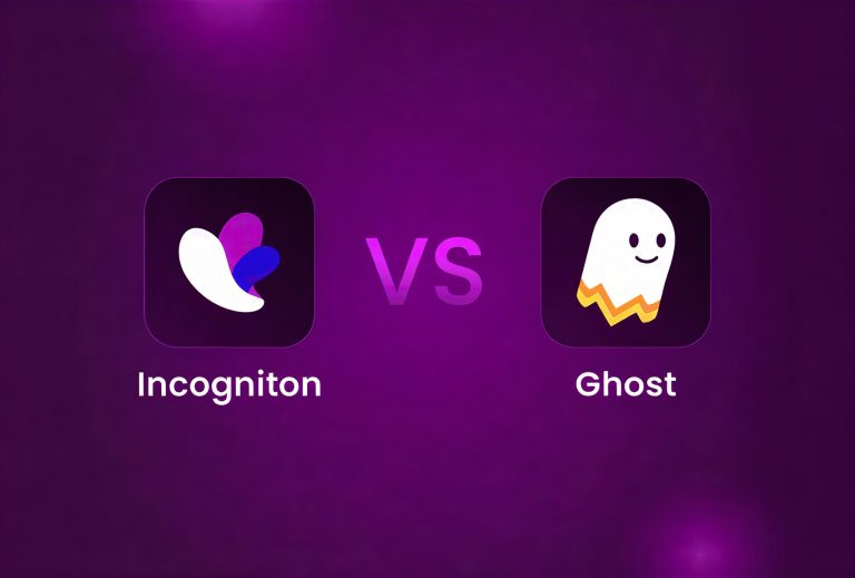 A purple background with two app icons: Incogniton on the left, Ghost on the right. "VS" text is in the center.