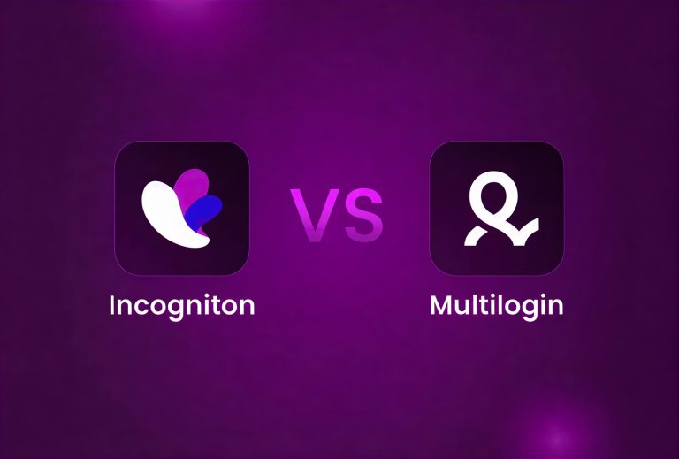 A purple background with the Incogniton logo and name on the left, "VS" in the center, and the Multilogin logo and name on the right.