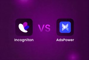 A purple background with the Incogniton logo on the left and AdsPower logo on the right, separated by VS in the center.