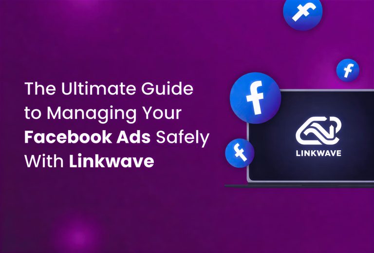A purple graphic with floating Facebook icons, a laptop showing the Incogniton logo, and text: The Ultimate Guide to Managing Your Facebook Ads Safely With Incogniton.