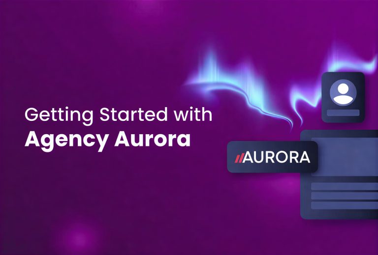 A purple background with the text “Getting Started with Agency Aurora.” Abstract blue aurora shapes, a user icon, and an "AURORA" card appear beside stylized graphics for Incogniton.