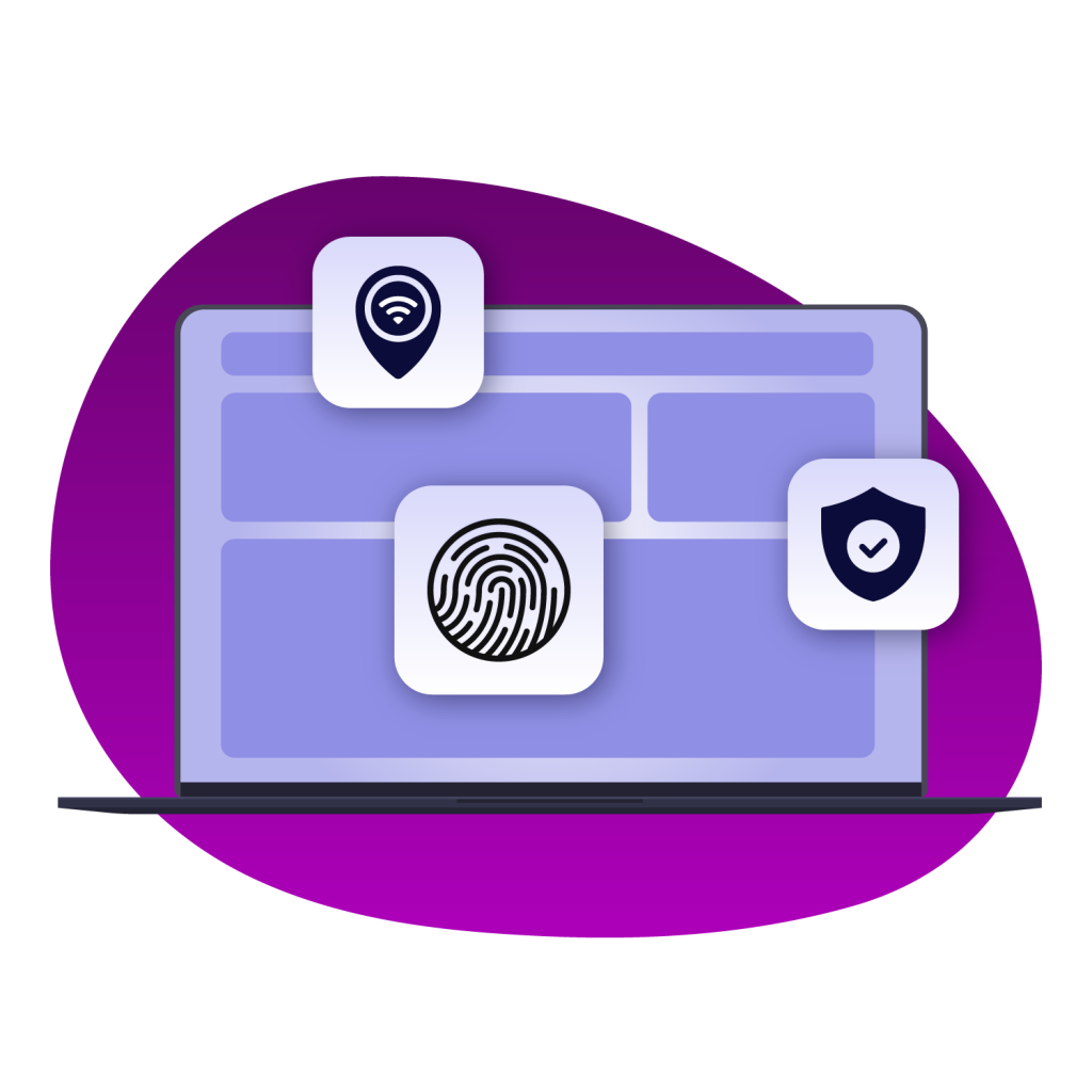laptop screen with logos of a fingerprint, shield and location pin on a purple background