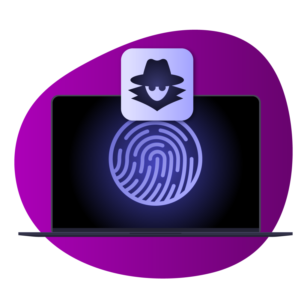 laptop screen with fingerprint on it, with anonymous profile image on a purple background
