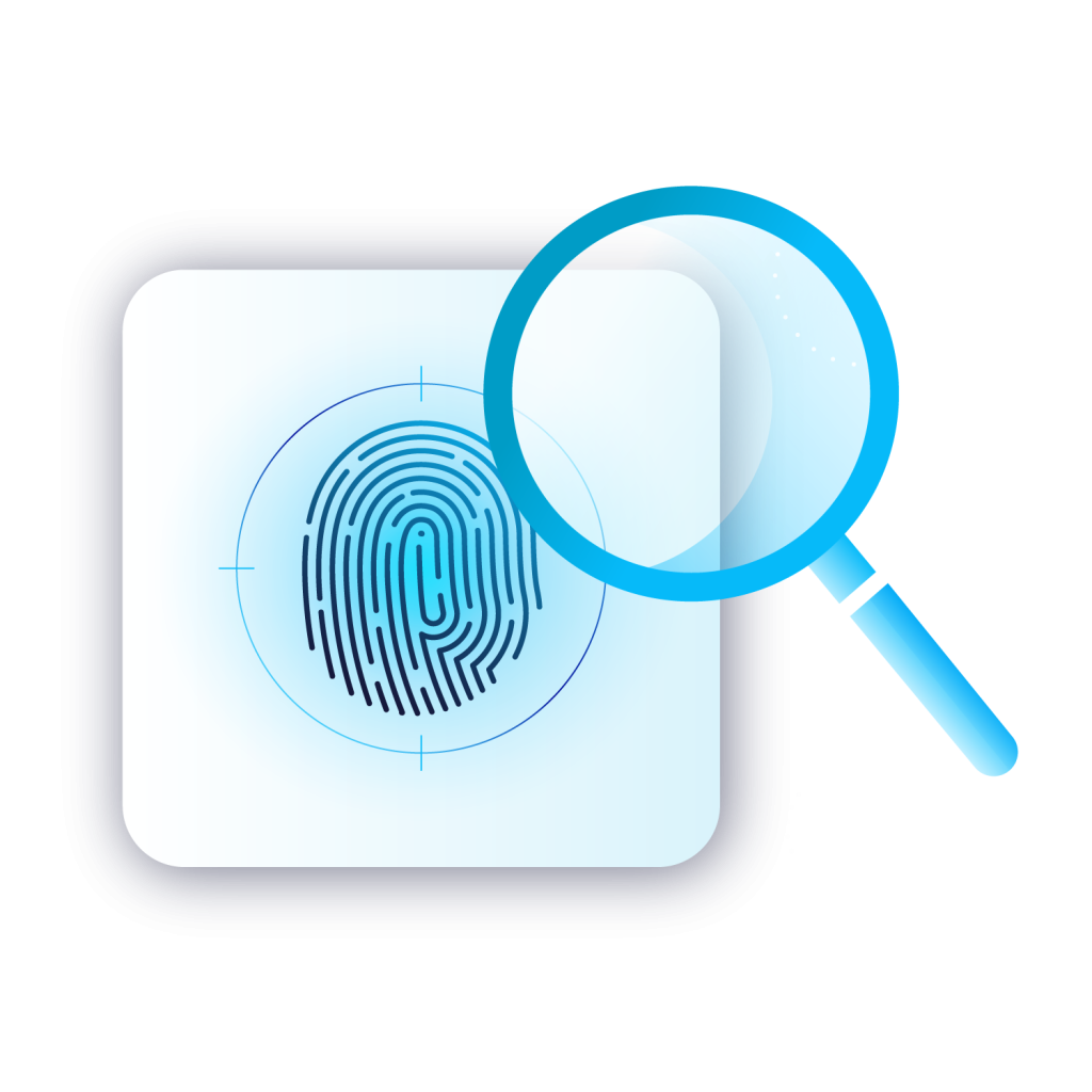 square with fingerprint and magnifying glass in front