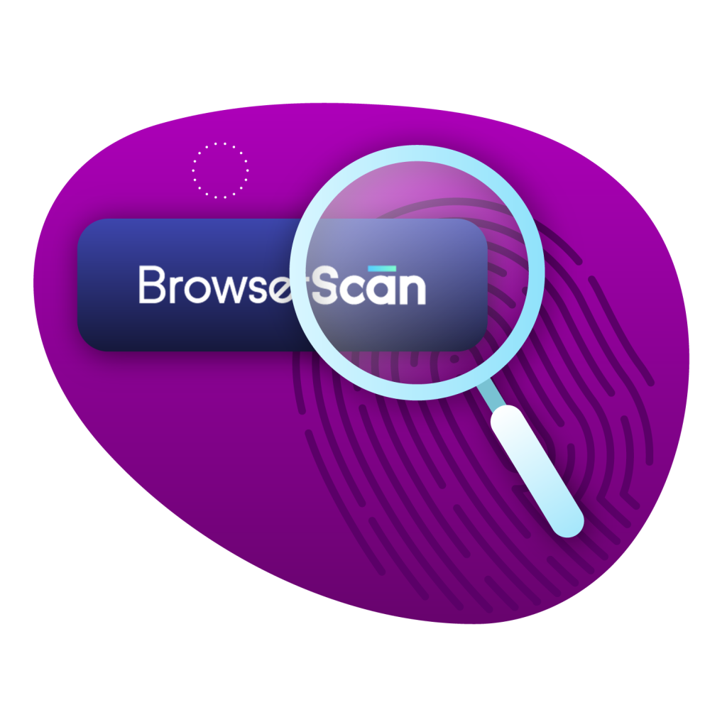 purple background with fingerprint and block with browserscan block and magnifying glass
