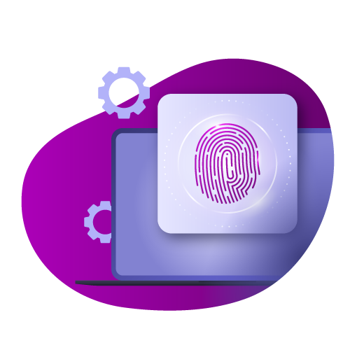 Laptop with fingerprint showing and gear icons next to it, on a purple background